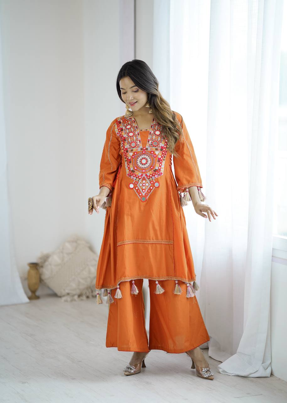 Amazing Orange Khadi Cotton Work Co-ord Set