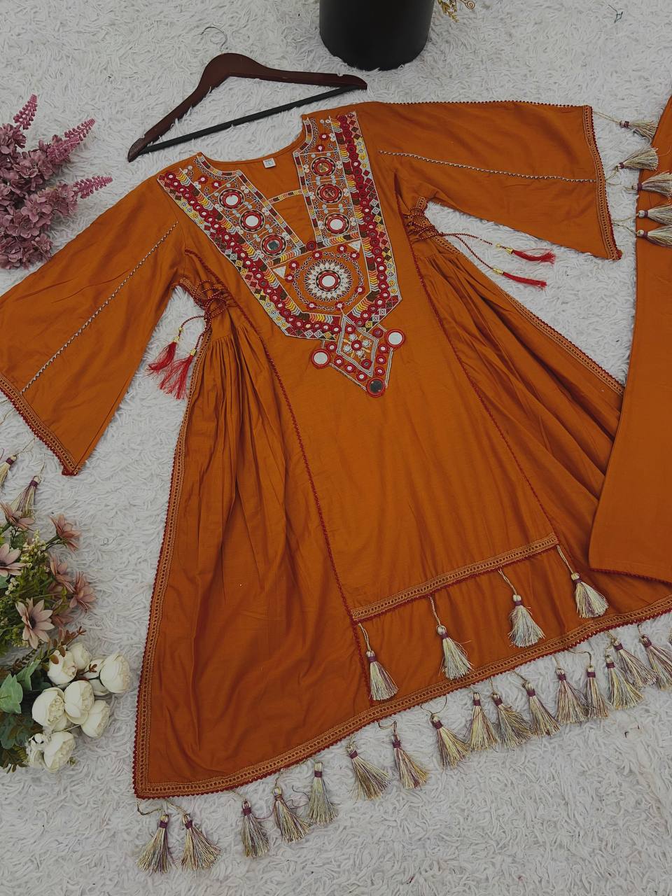 Amazing Orange Khadi Cotton Work Co-ord Set