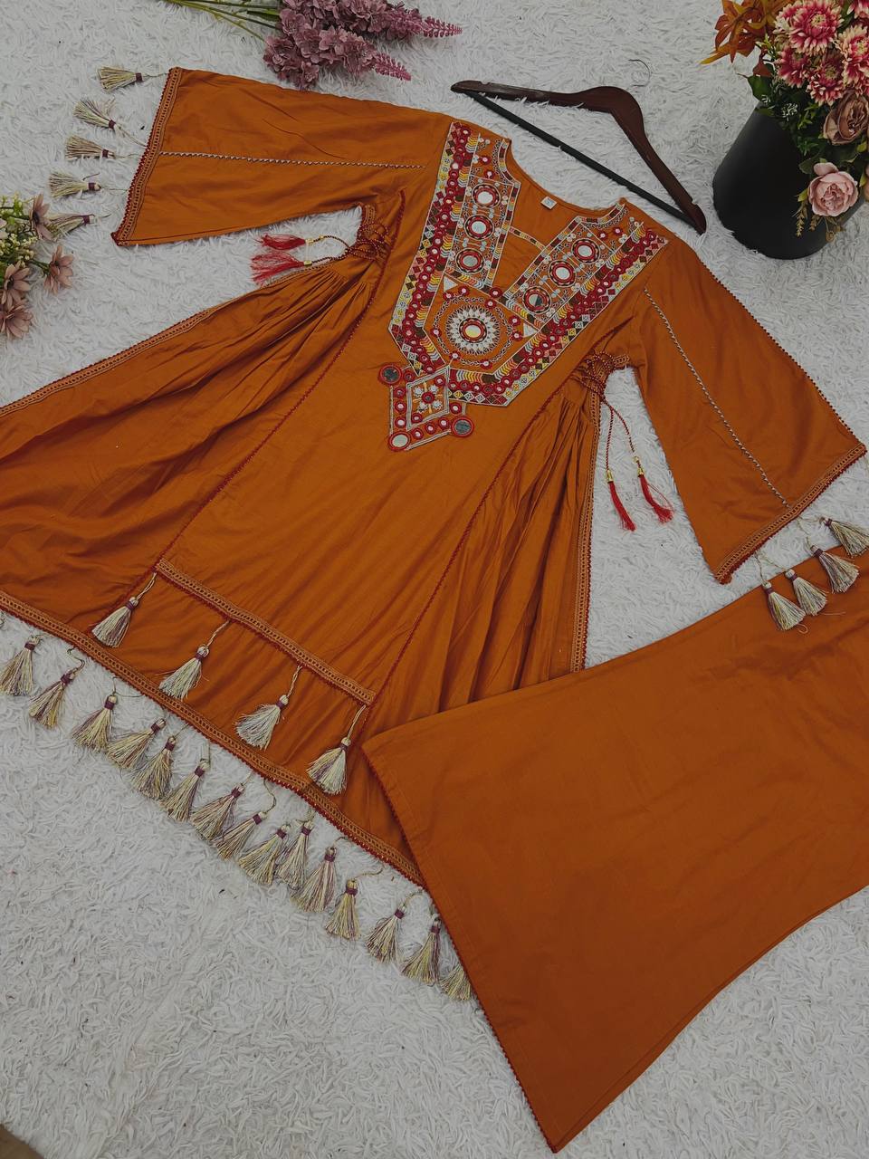 Amazing Orange Khadi Cotton Work Co-ord Set