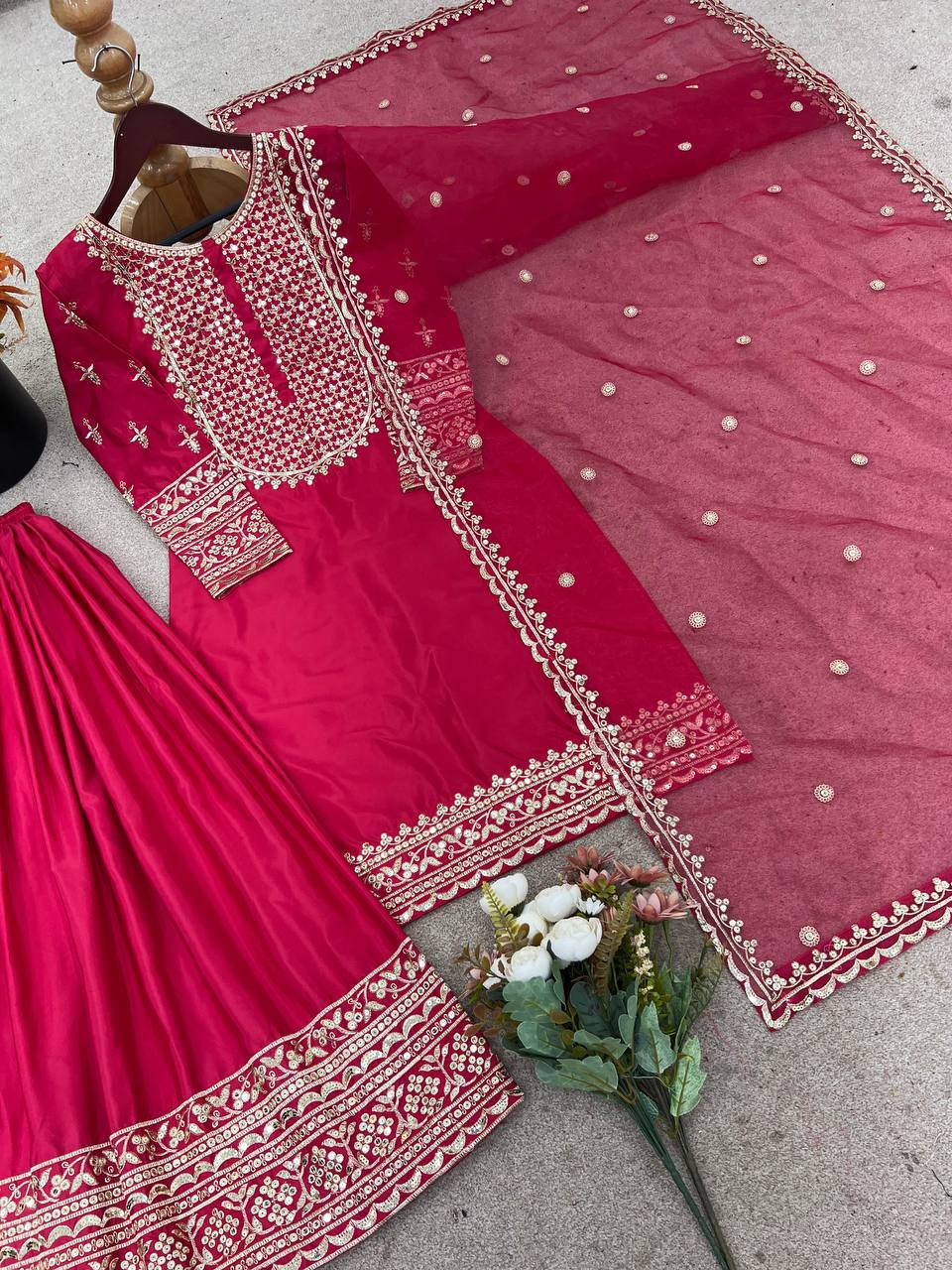 Trendy Red Silk With Sequence Work Sharara Suit
