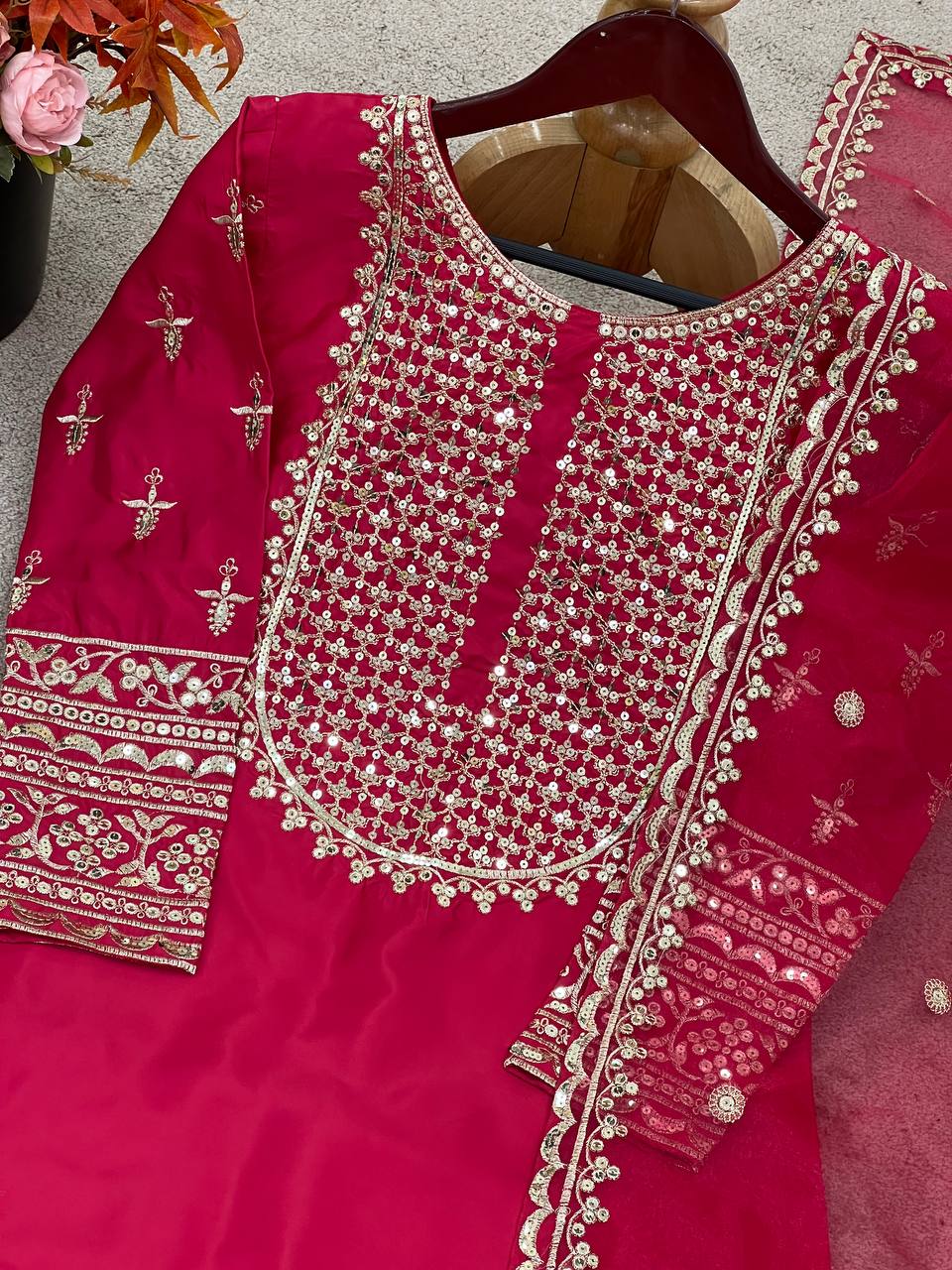 Trendy Red Silk With Sequence Work Sharara Suit