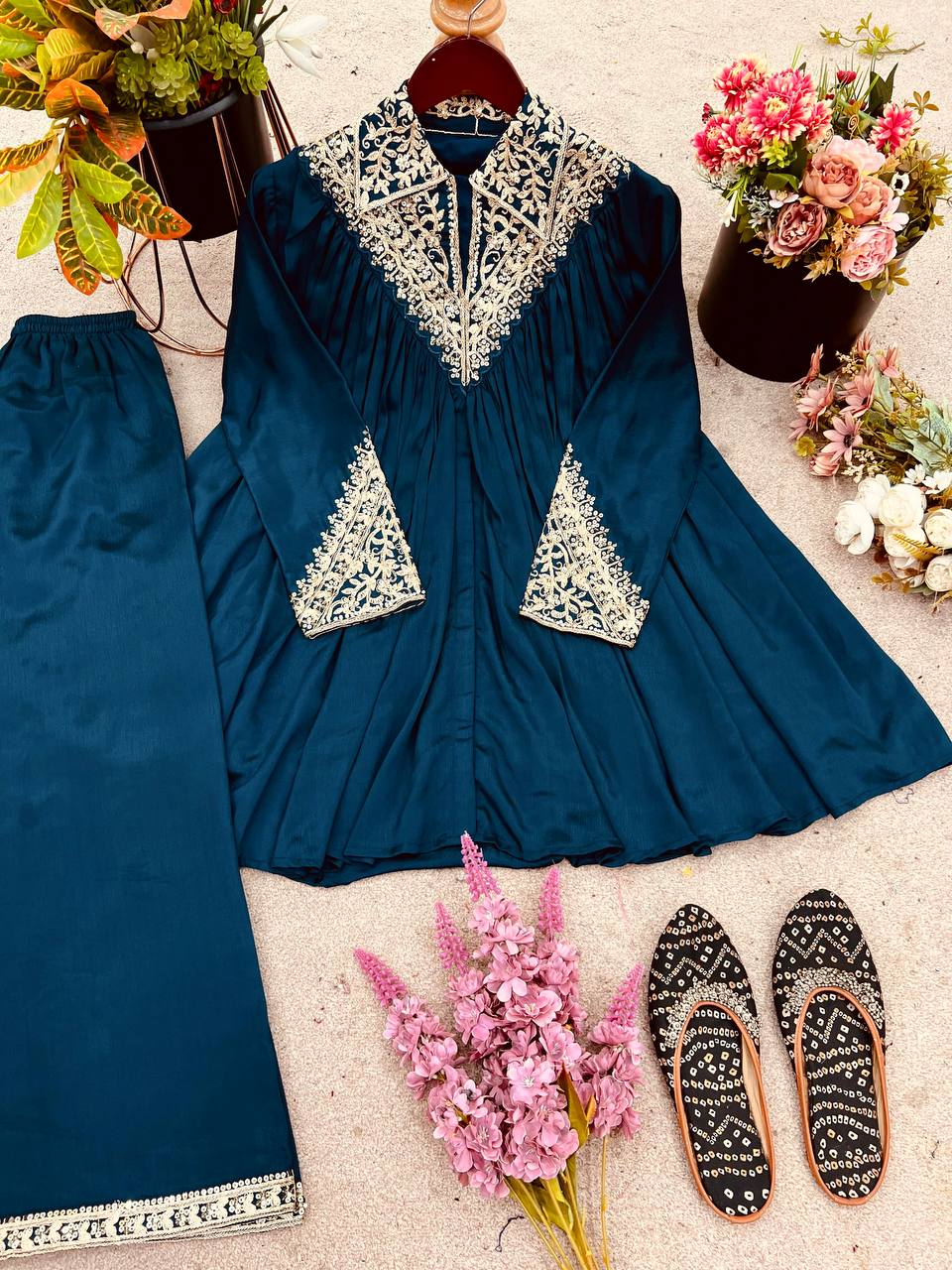 Lovely Blue Chinon Embroidery Palazzo Suit