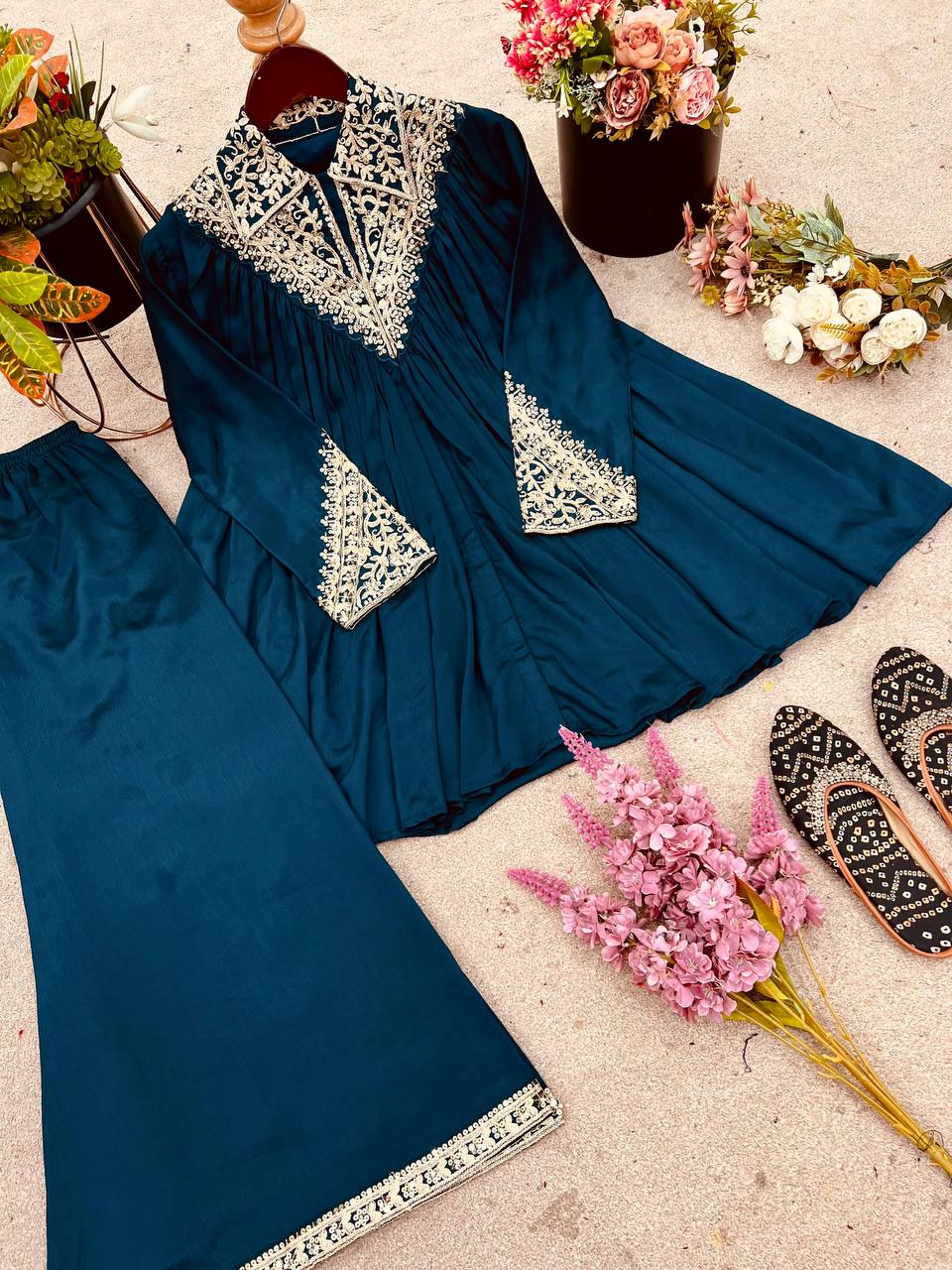 Lovely Blue Chinon Embroidery Palazzo Suit