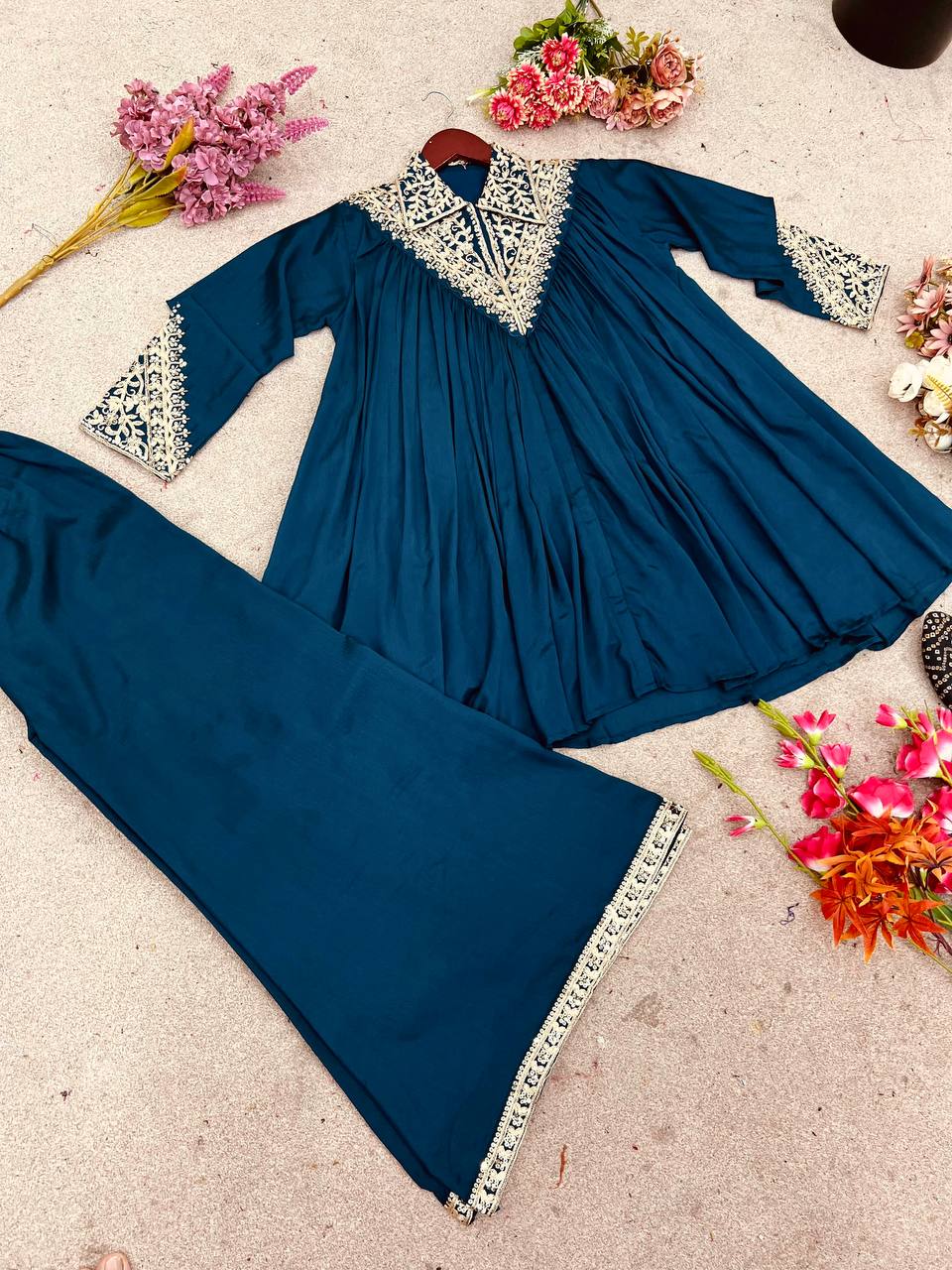 Lovely Blue Chinon Embroidery Palazzo Suit