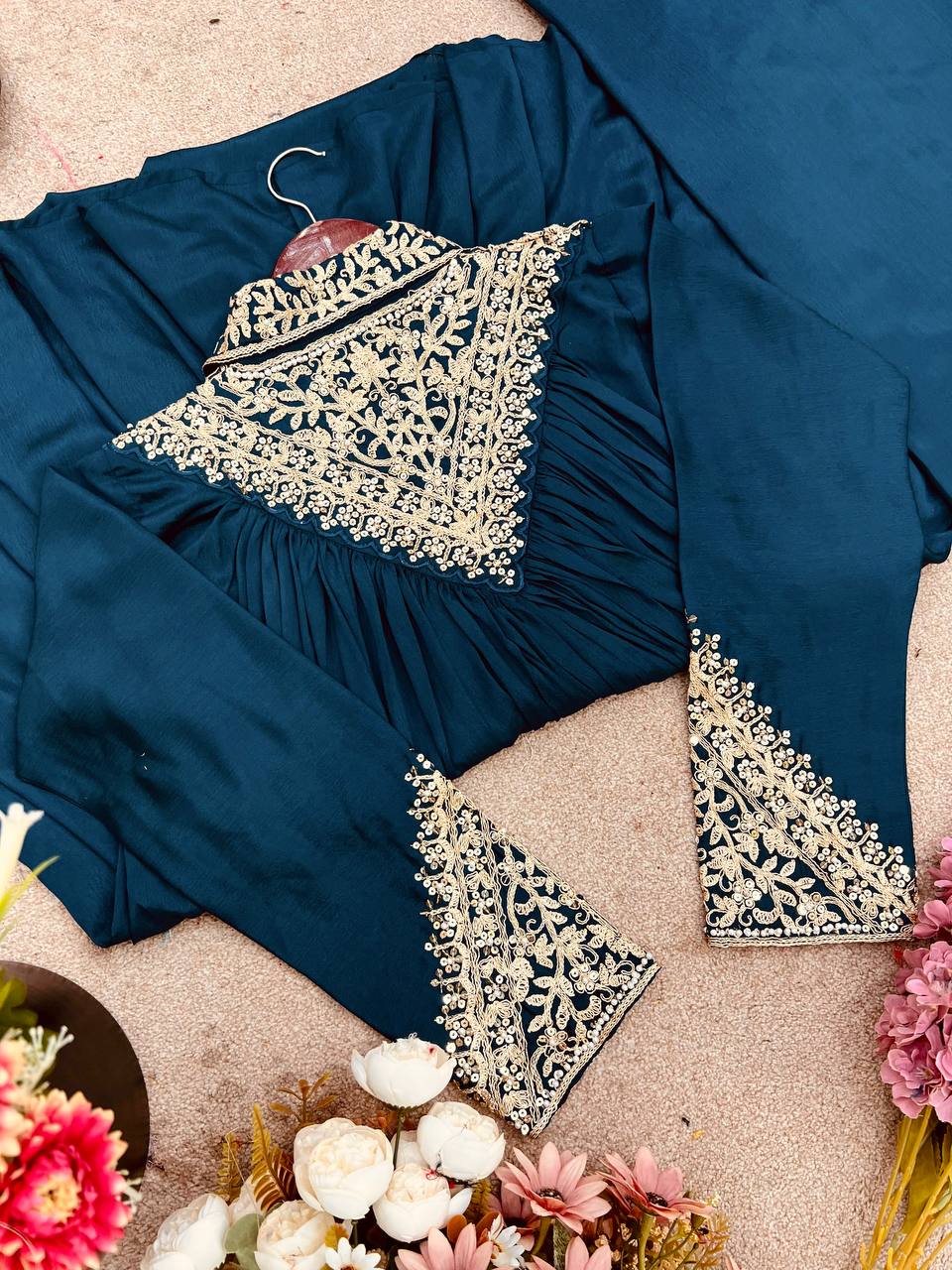 Lovely Blue Chinon Embroidery Palazzo Suit