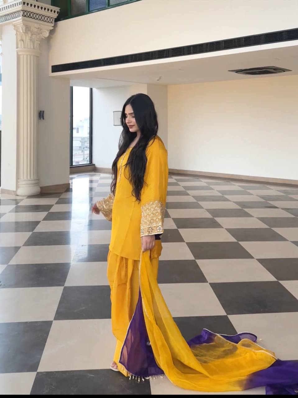 Exclusive Orange Satin Silk Embroidery Palazzo Suit