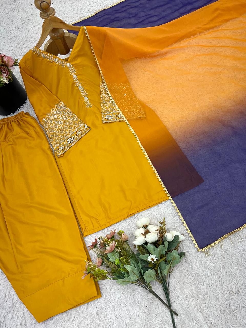 Exclusive Orange Satin Silk Embroidery Palazzo Suit