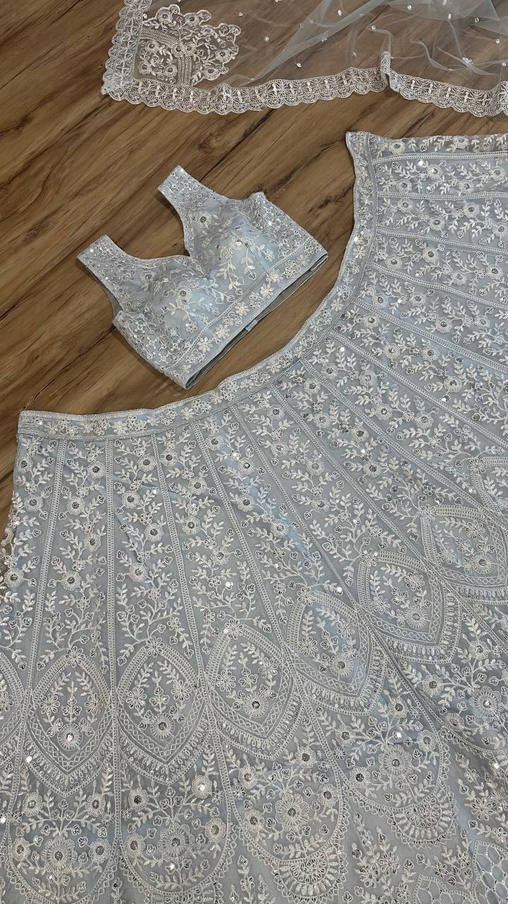 Trendy Silver Net Sequins Work Lehenga Choli