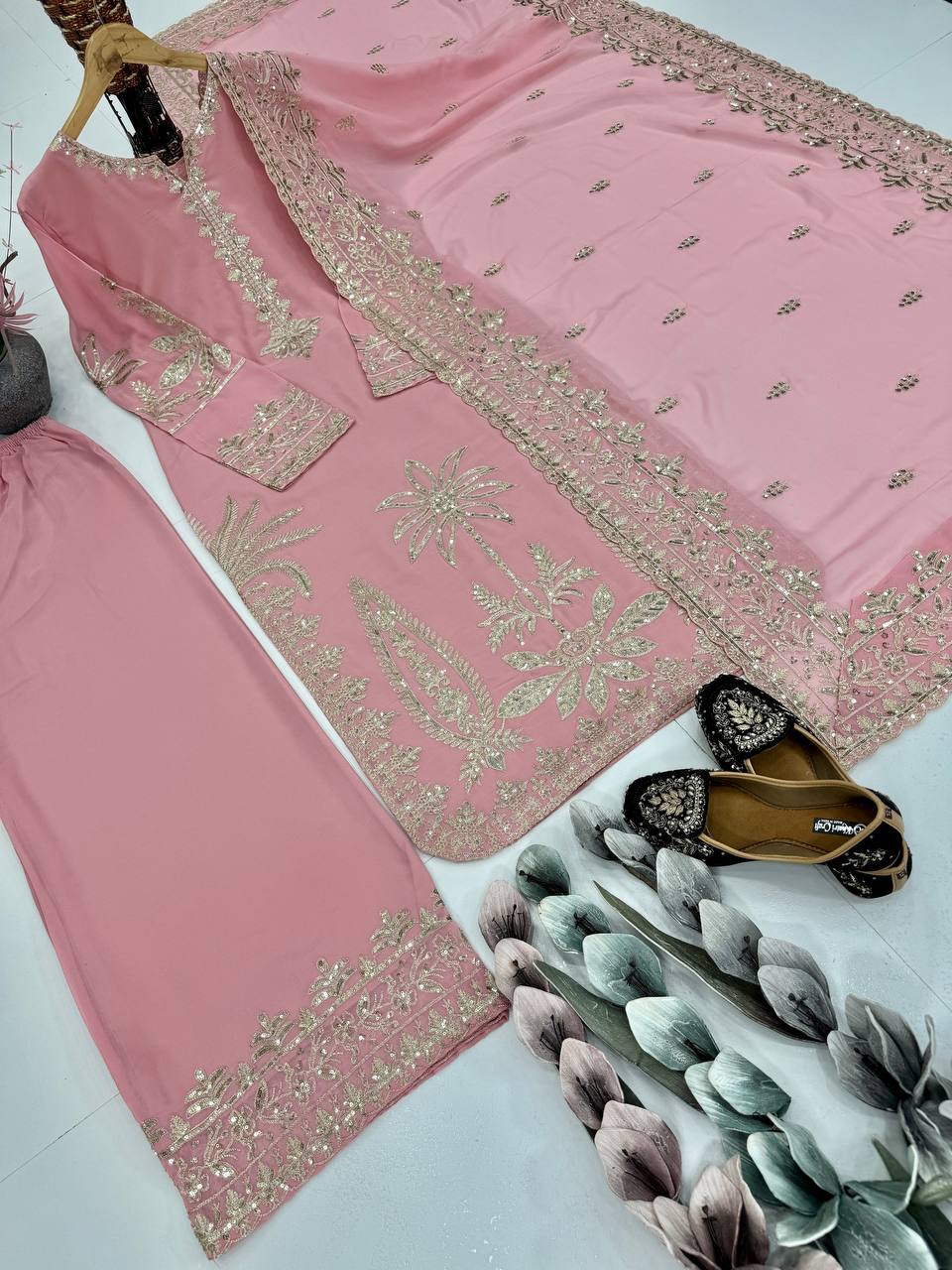 Stylish Light Pink Georgette Embroidery Palazzo Suit