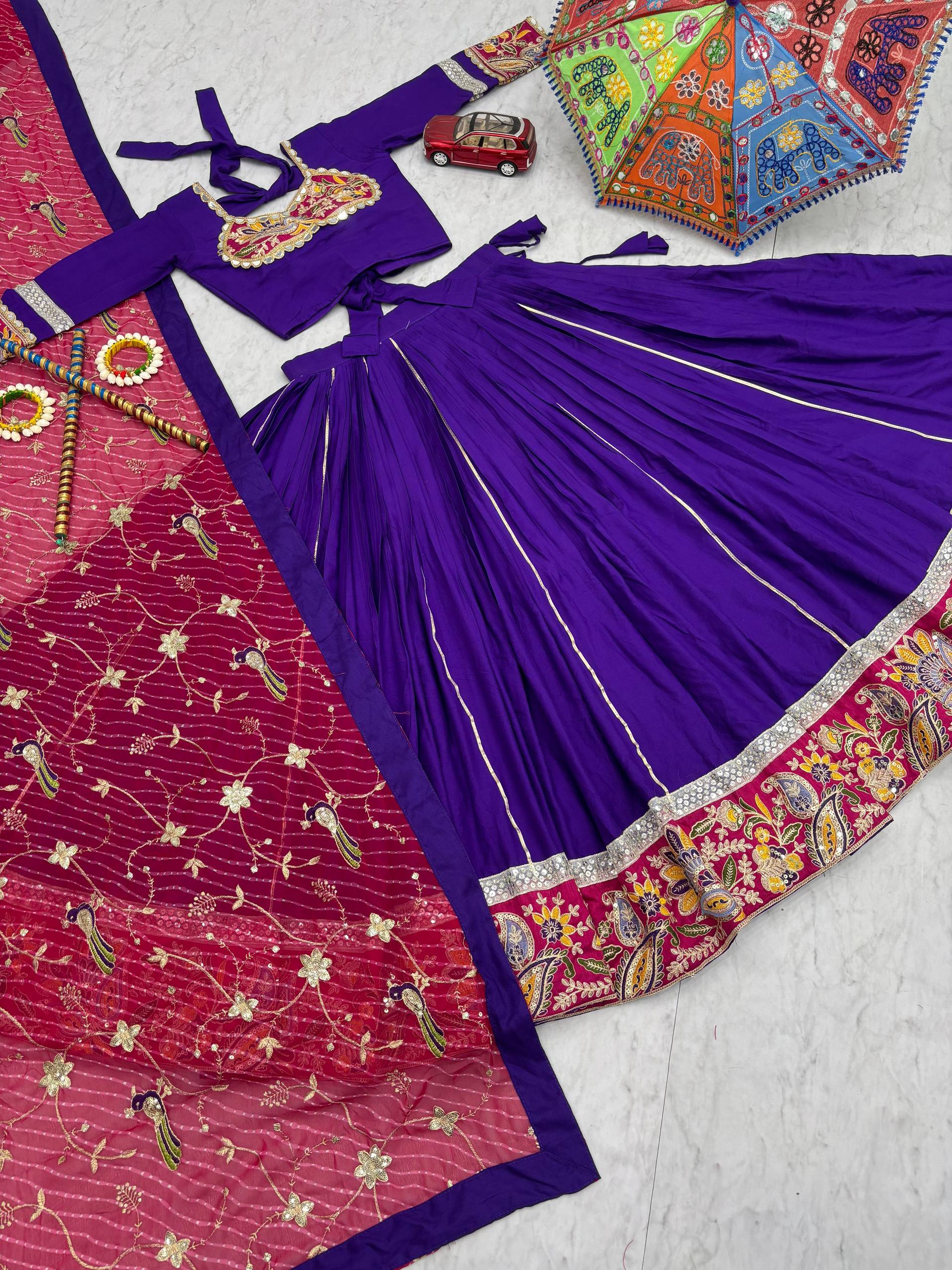 Dandiya Special Purple Cotton Embroidery Work Lehenga Choli