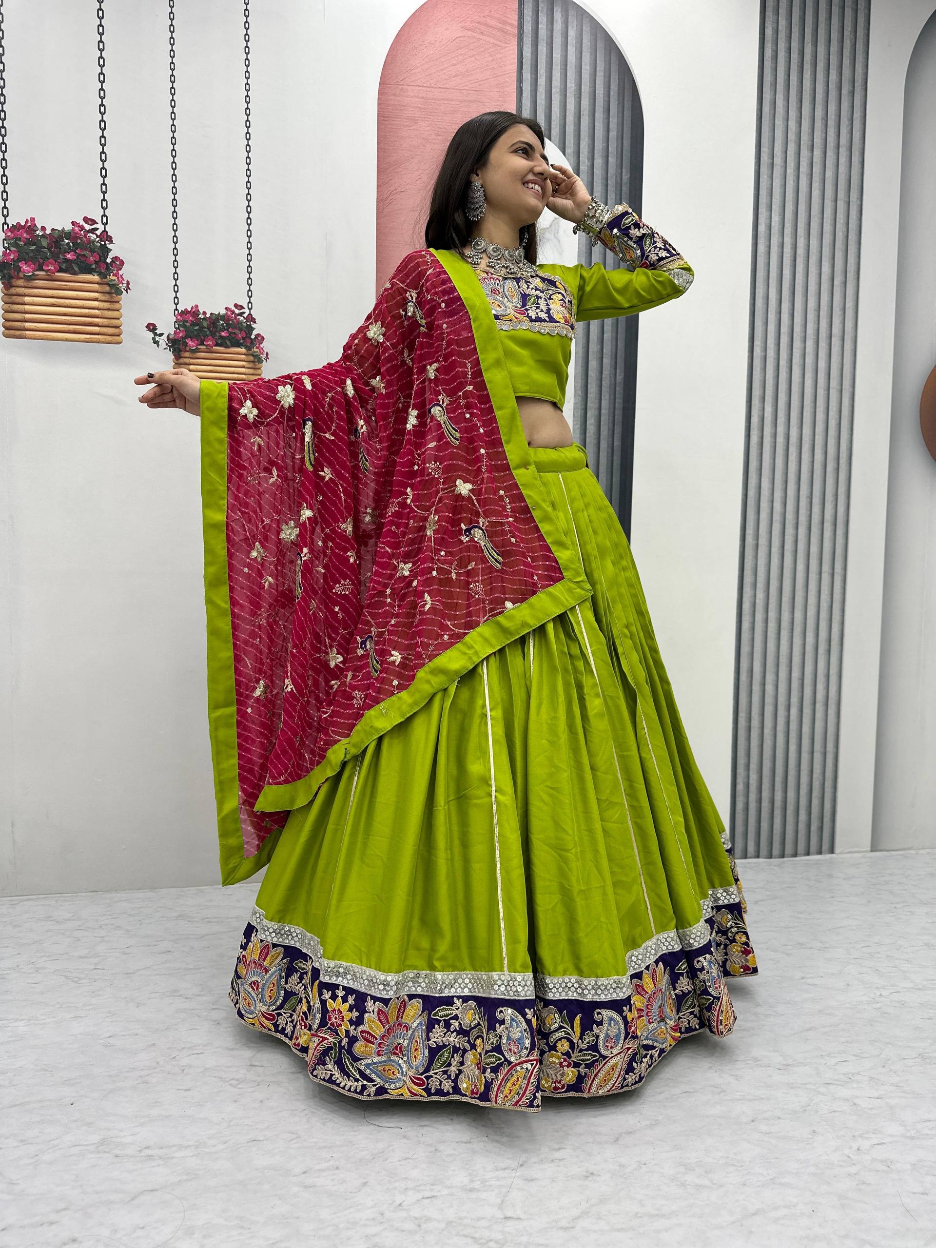 Dandiya Special Purple Cotton Embroidery Work Lehenga Choli