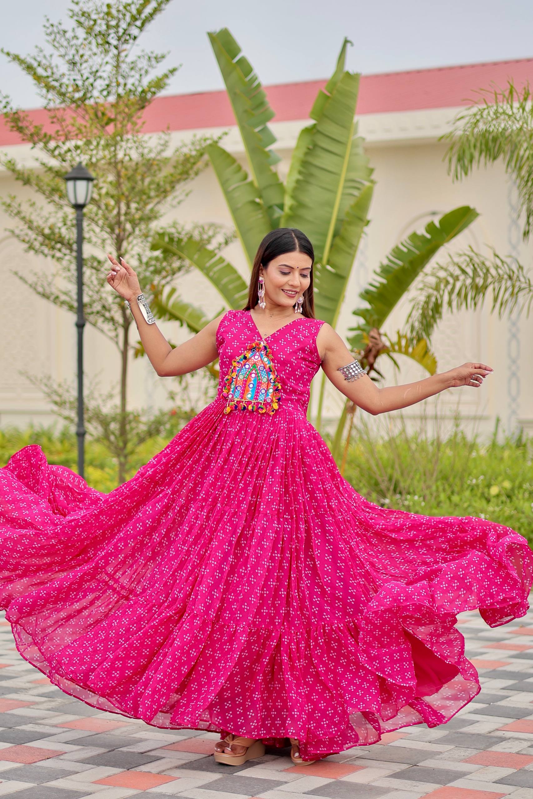 Pink Georgette Embroidery Work Gown For Navratri Wear