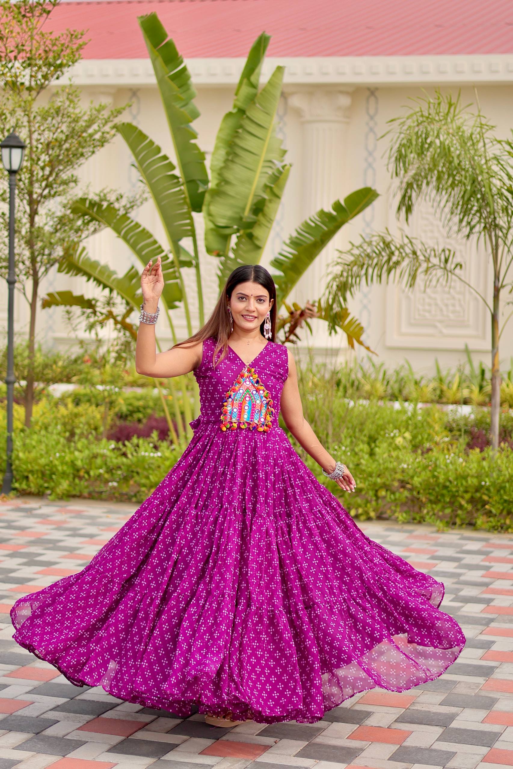 Pink Georgette Embroidery Work Gown For Navratri Wear