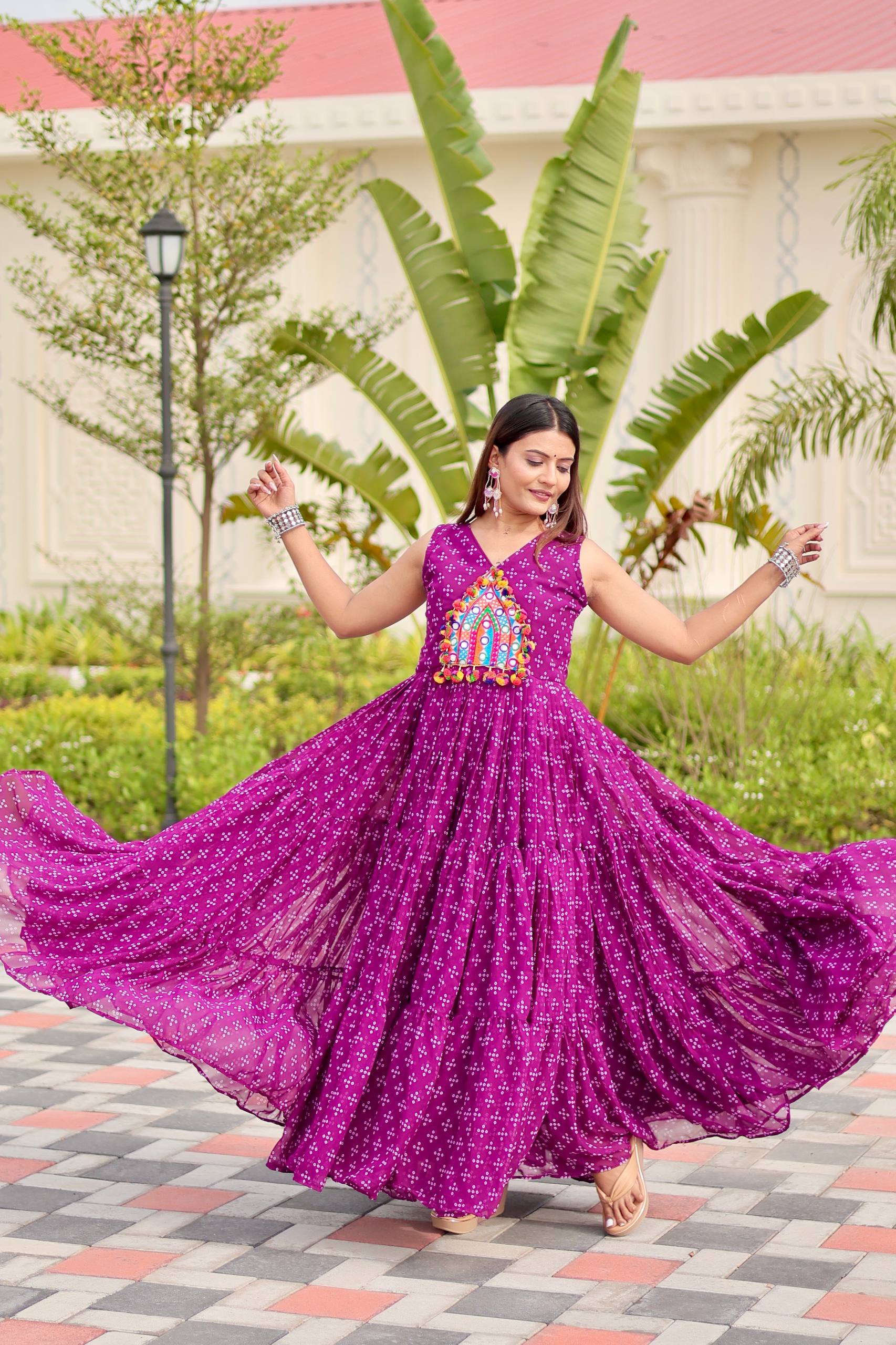 Pink Georgette Embroidery Work Gown For Navratri Wear
