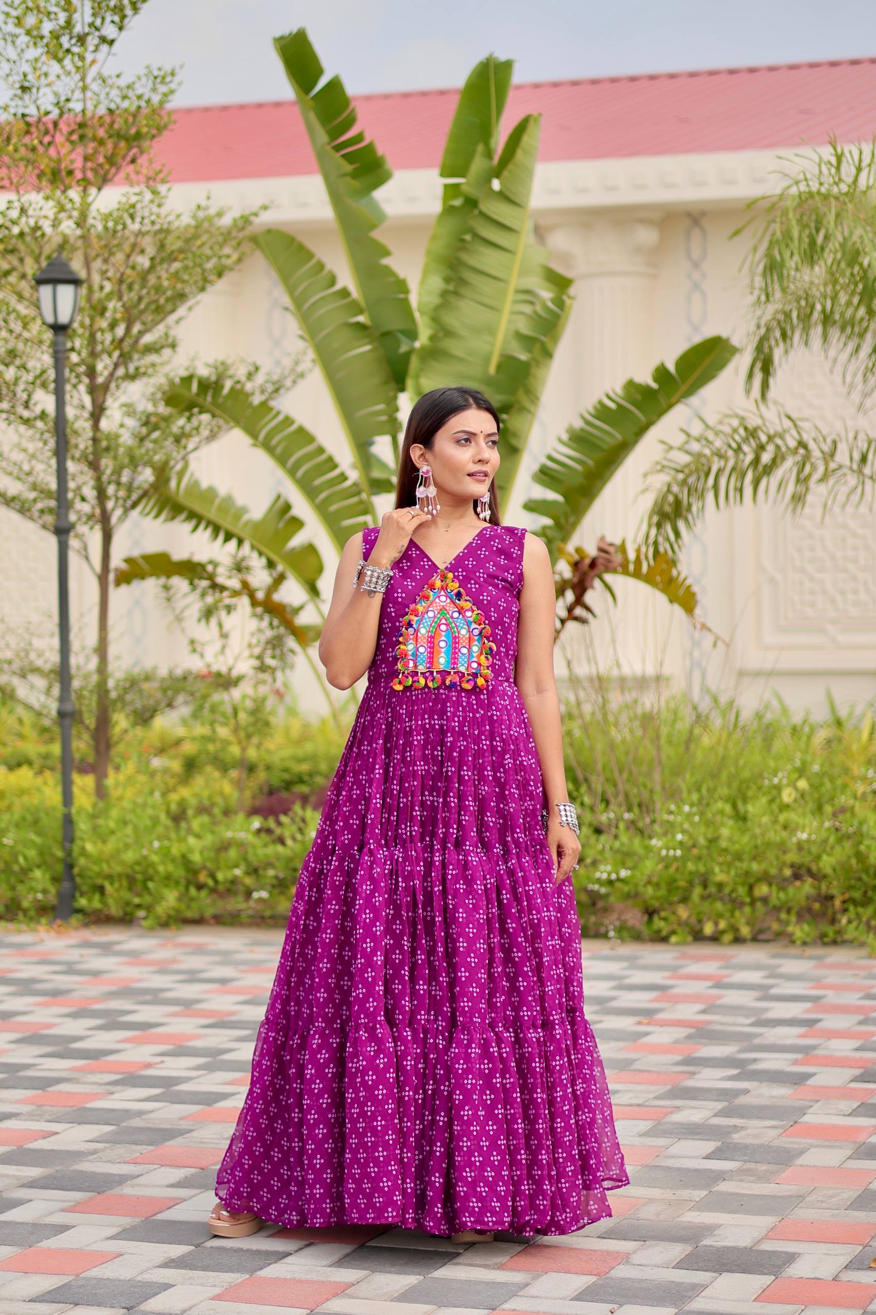 Pink Georgette Embroidery Work Gown For Navratri Wear