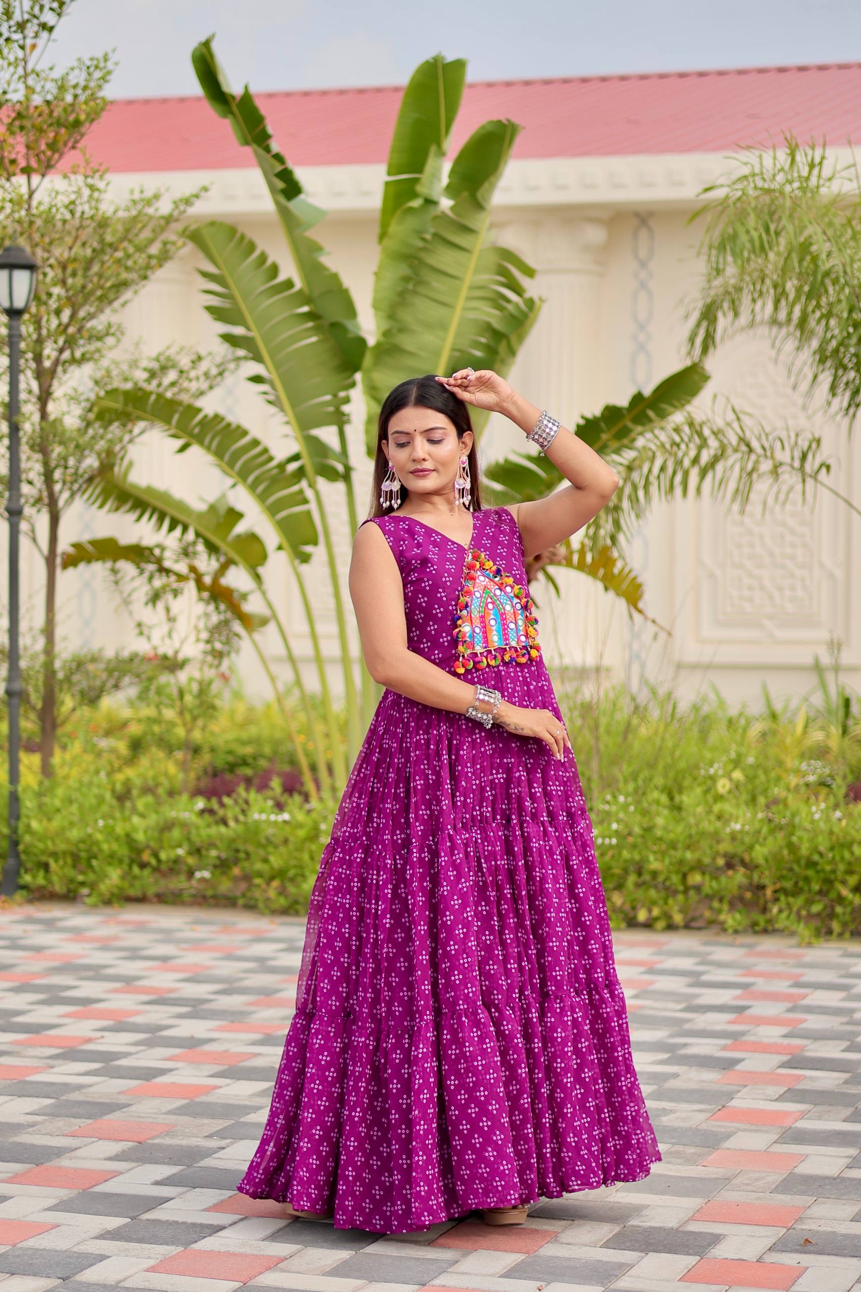 Pink Georgette Embroidery Work Gown For Navratri Wear