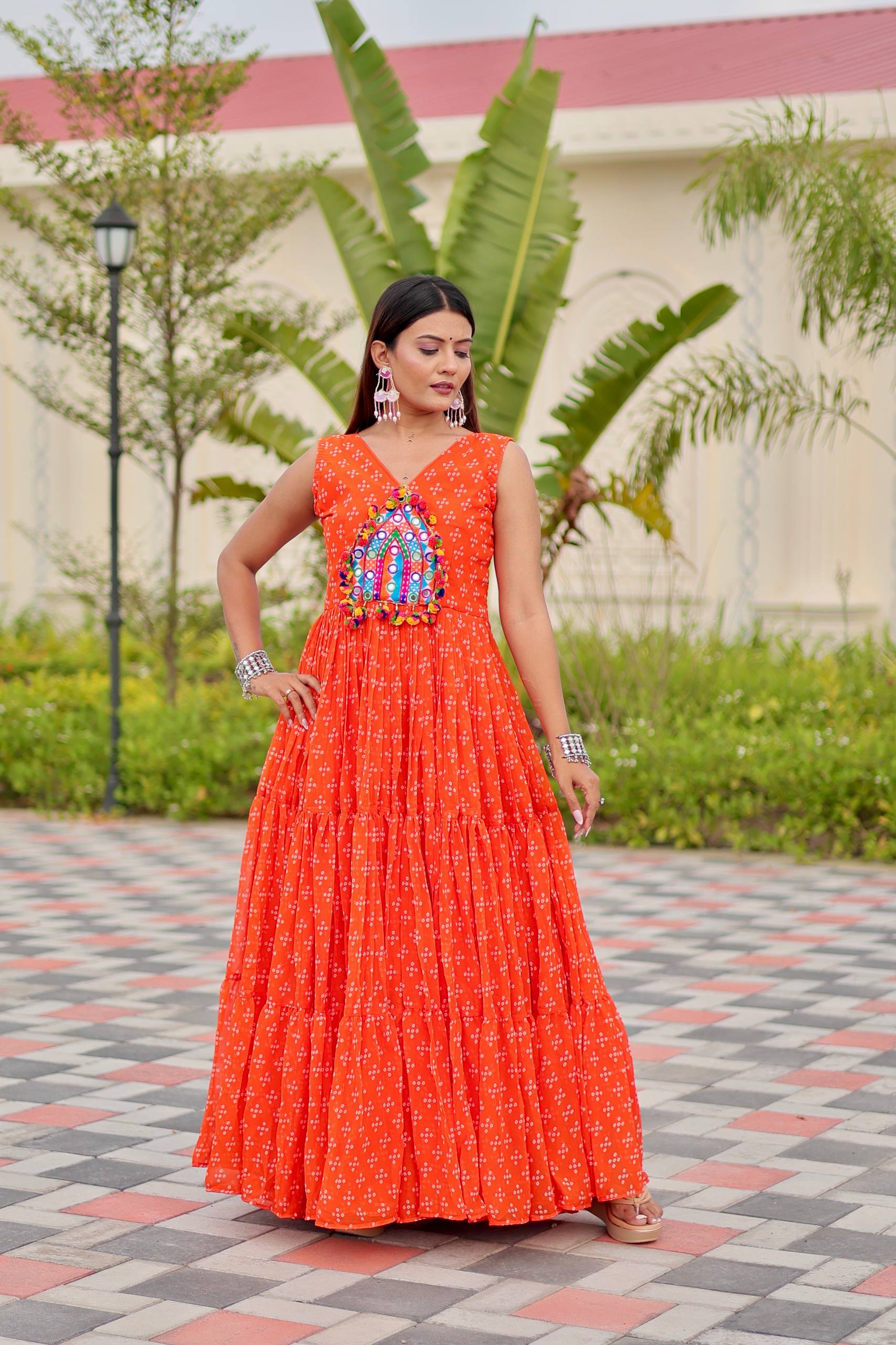 Pink Georgette Embroidery Work Gown For Navratri Wear