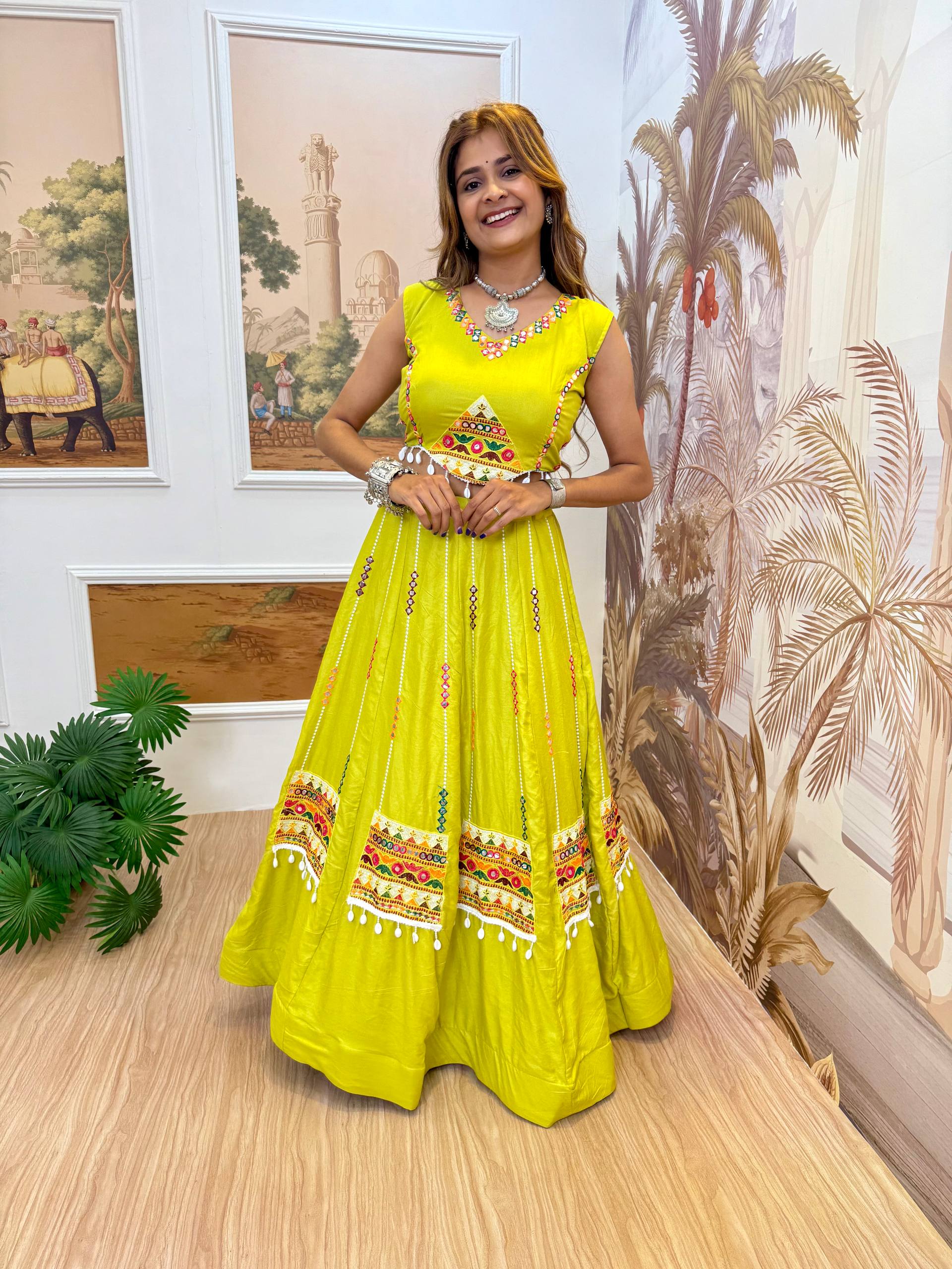 Navratri Wear Yellow Rayon Embroidery Work Lehenga Choli