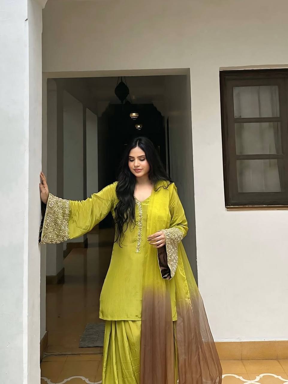Exclusive Orange Satin Silk Embroidery Palazzo Suit