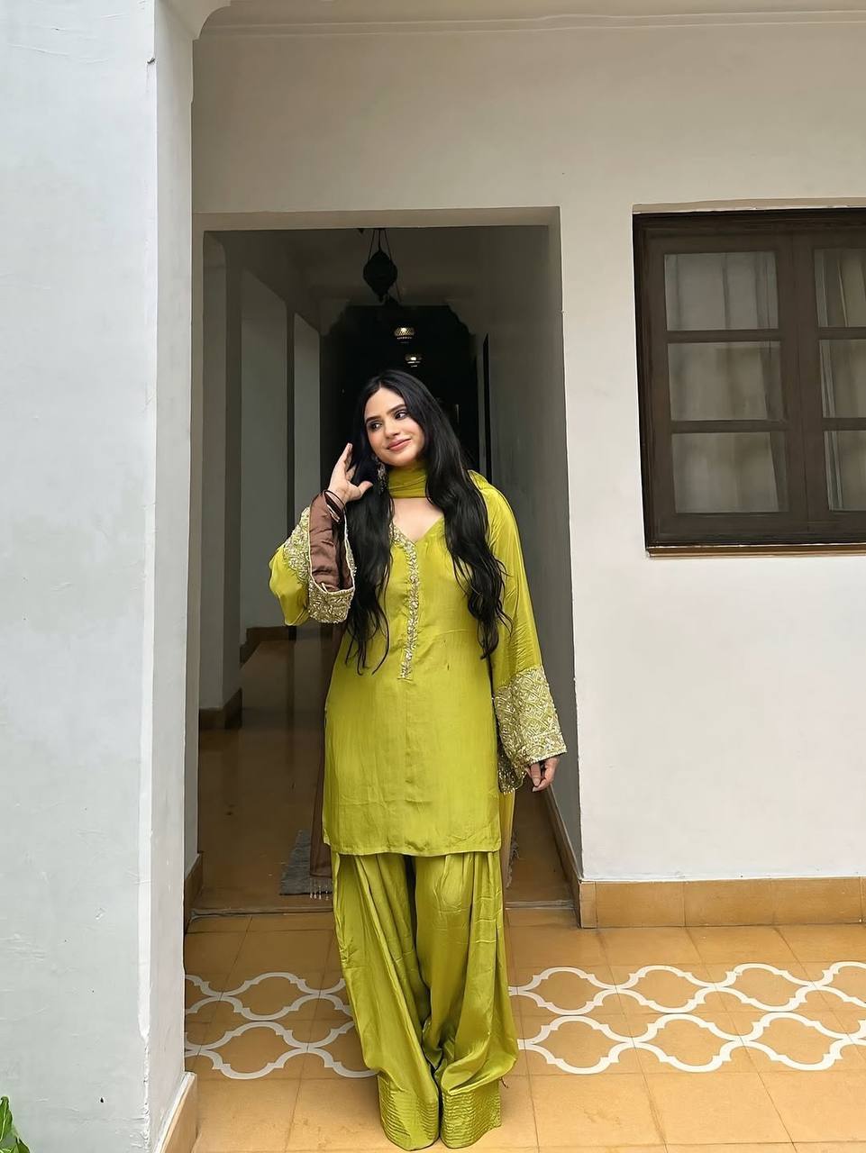 Exclusive Orange Satin Silk Embroidery Palazzo Suit