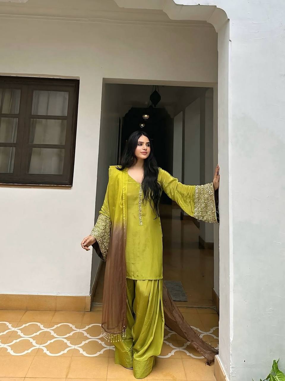 Exclusive Orange Satin Silk Embroidery Palazzo Suit