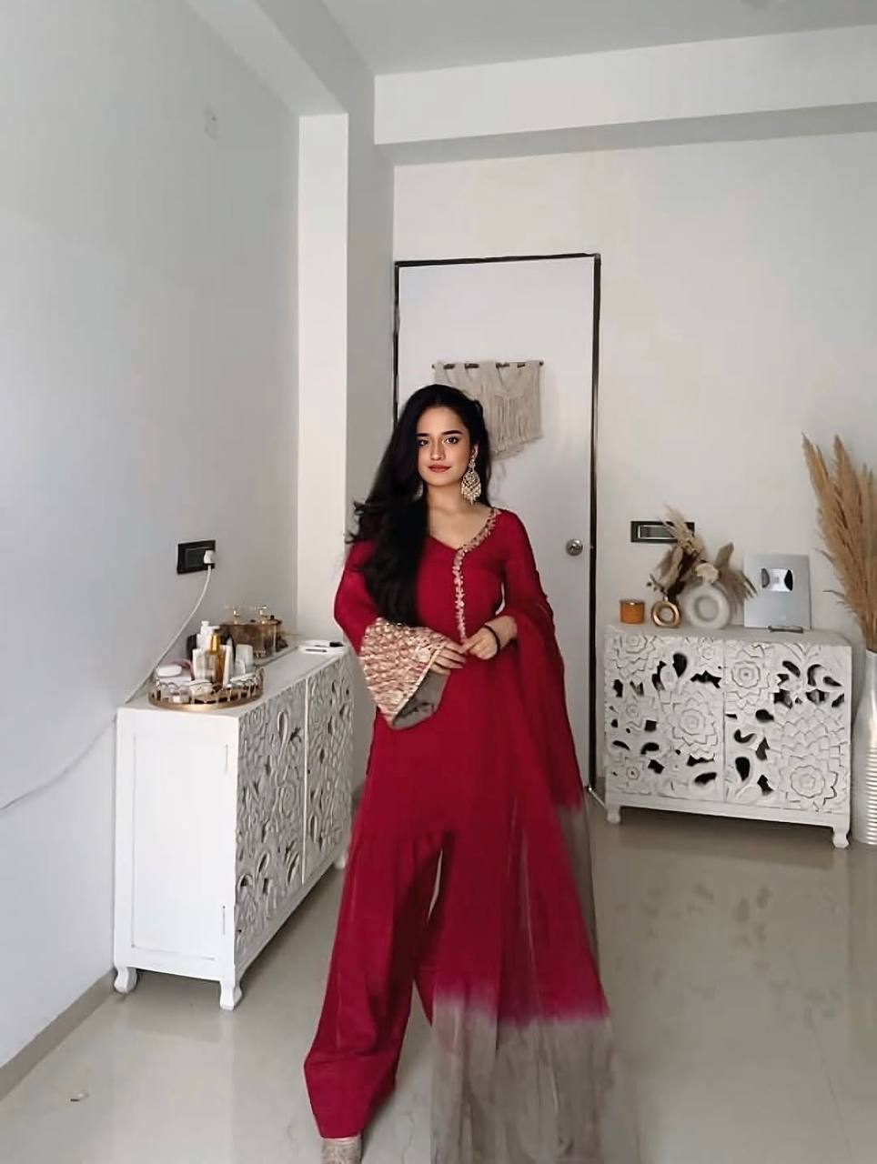 Exclusive Orange Satin Silk Embroidery Palazzo Suit