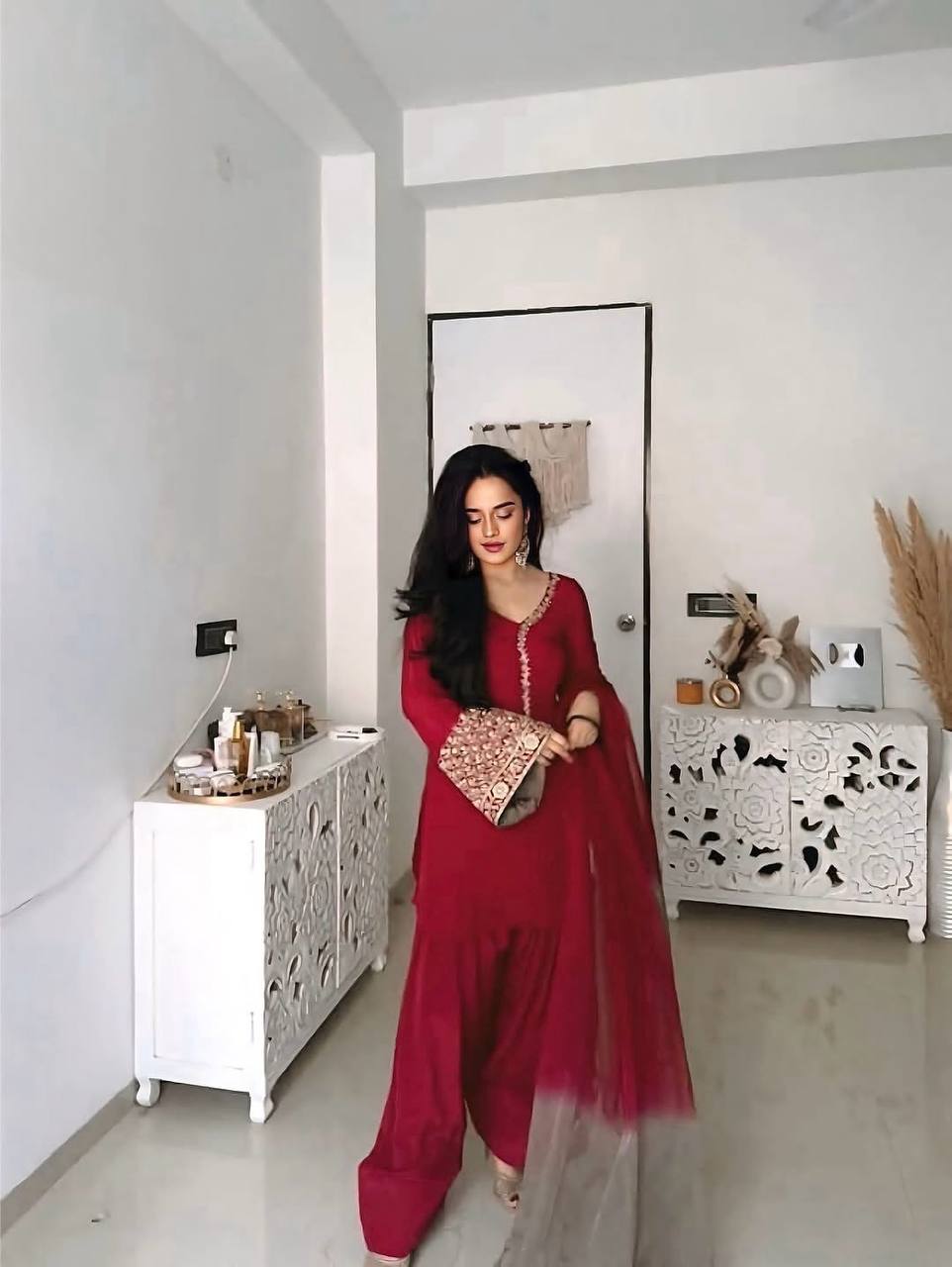 Exclusive Orange Satin Silk Embroidery Palazzo Suit