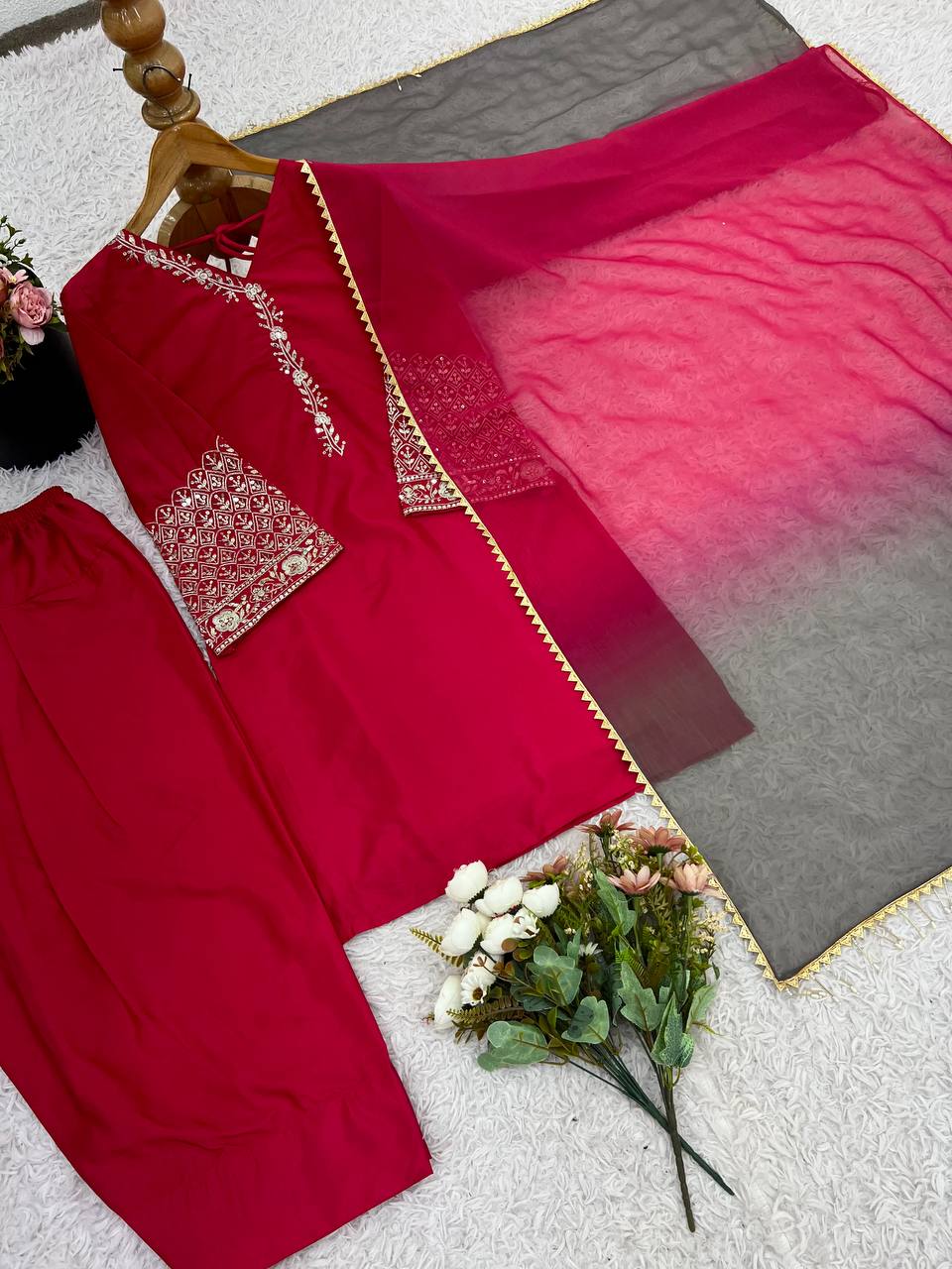 Exclusive Orange Satin Silk Embroidery Palazzo Suit