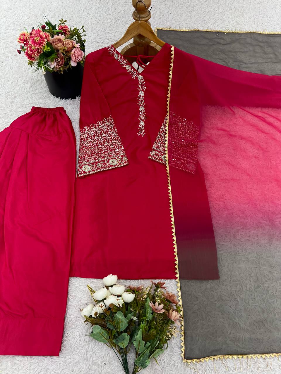 Exclusive Orange Satin Silk Embroidery Palazzo Suit