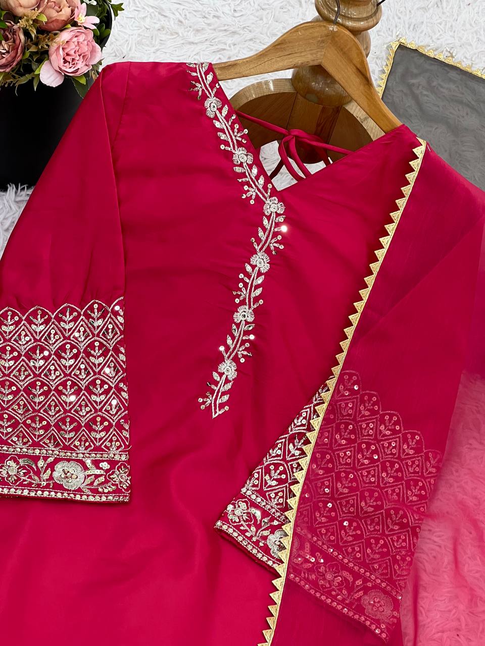 Exclusive Orange Satin Silk Embroidery Palazzo Suit