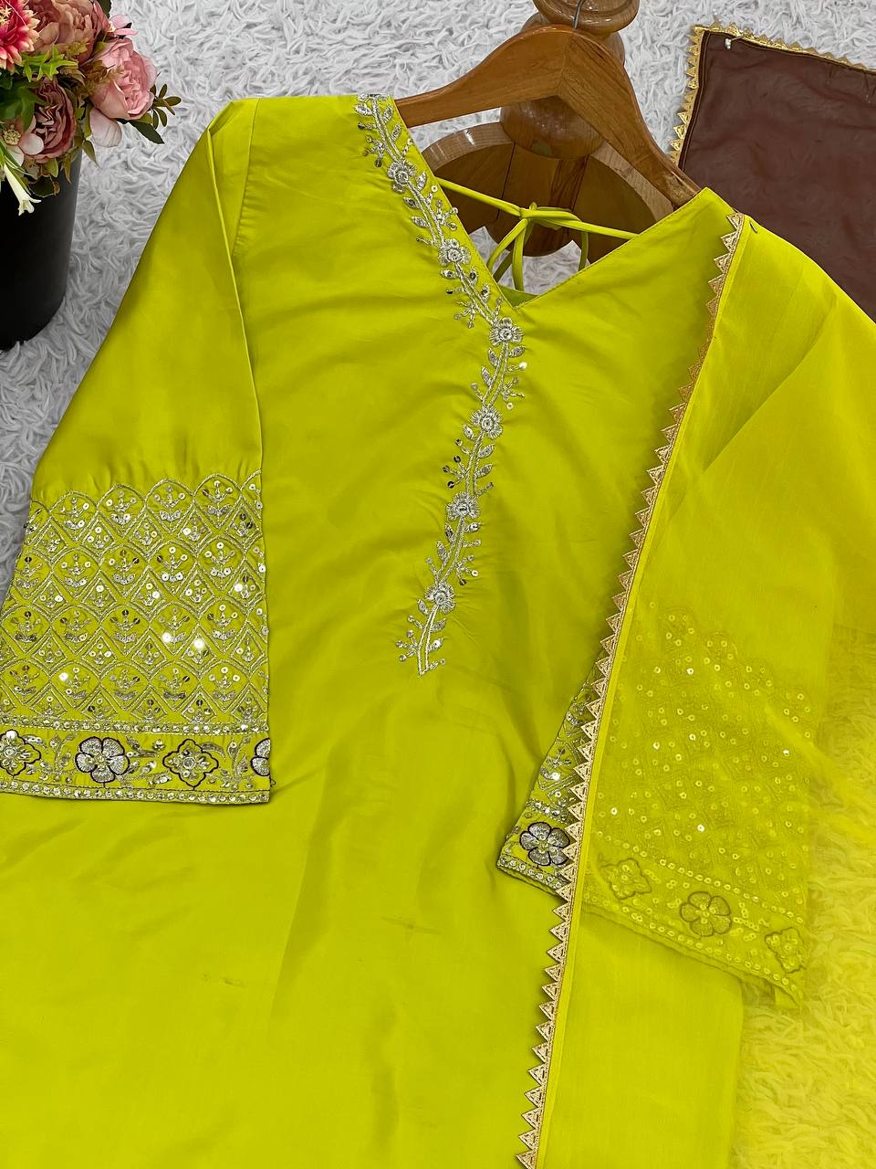 Exclusive Orange Satin Silk Embroidery Palazzo Suit