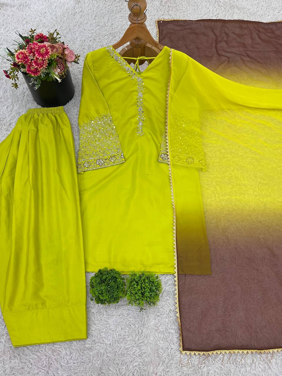Exclusive Orange Satin Silk Embroidery Palazzo Suit