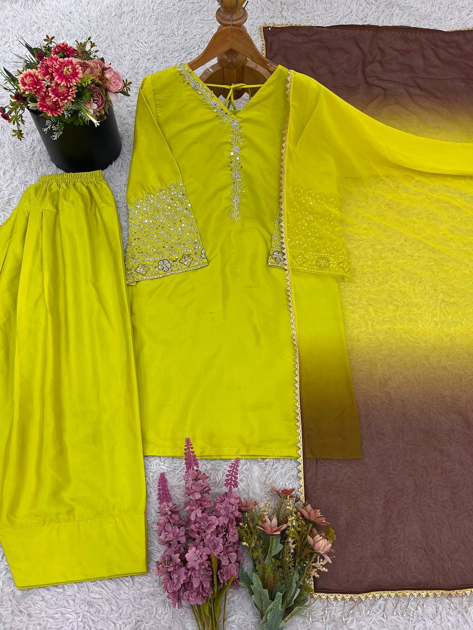 Exclusive Orange Satin Silk Embroidery Palazzo Suit