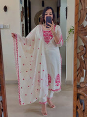 Exotic White Cotton Silk Work Palazzo Suit