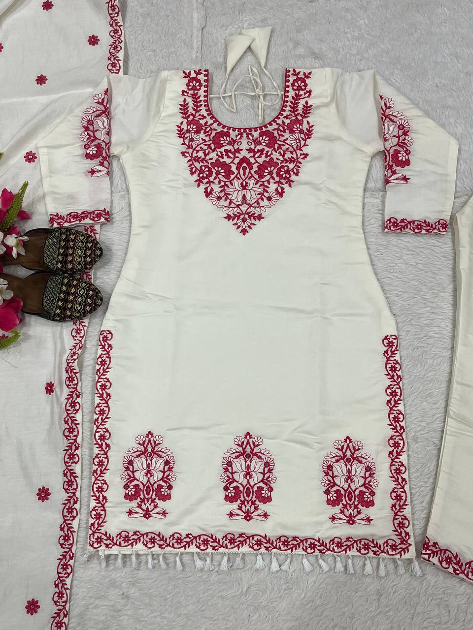 Exotic White Cotton Silk Work Palazzo Suit
