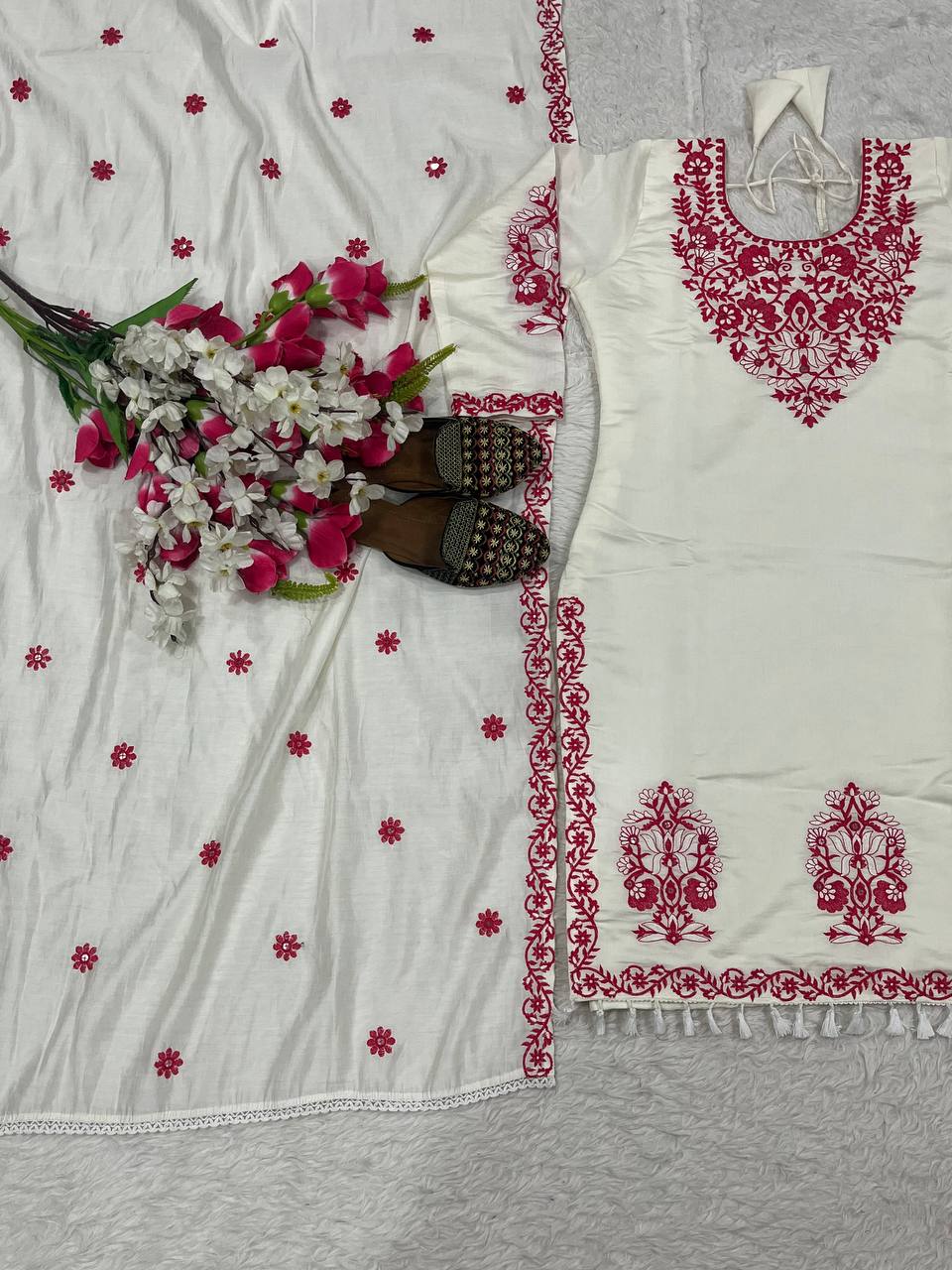 Exotic White Cotton Silk Work Palazzo Suit