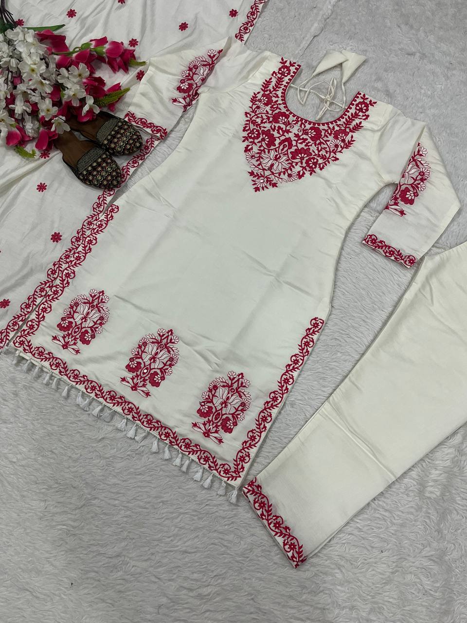 Exotic White Cotton Silk Work Palazzo Suit