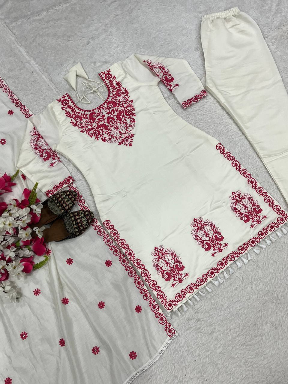 Exotic White Cotton Silk Work Palazzo Suit