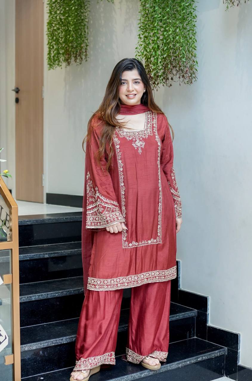 Trendy Brown Chiffon With Embroidery Work Palazzo Suit