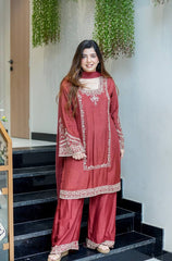 Trendy Brown Chiffon With Embroidery Work Palazzo Suit
