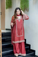 Trendy Brown Chiffon With Embroidery Work Palazzo Suit