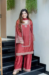 Trendy Brown Chiffon With Embroidery Work Palazzo Suit