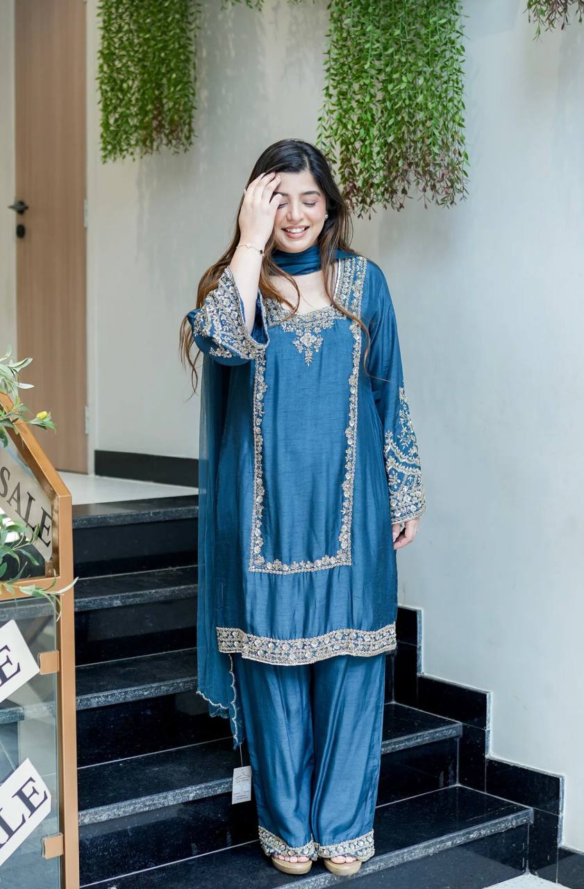 Trendy Brown Chiffon With Embroidery Work Palazzo Suit
