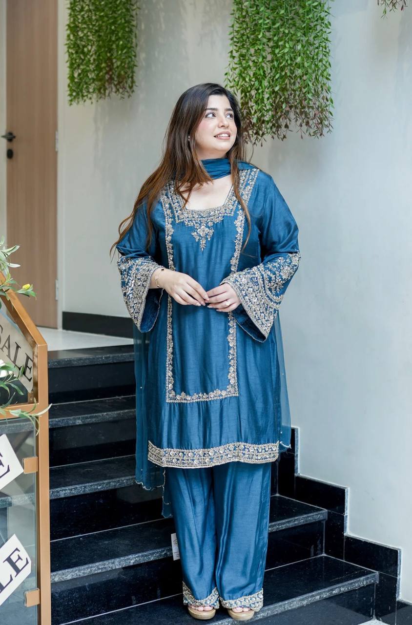 Trendy Brown Chiffon With Embroidery Work Palazzo Suit