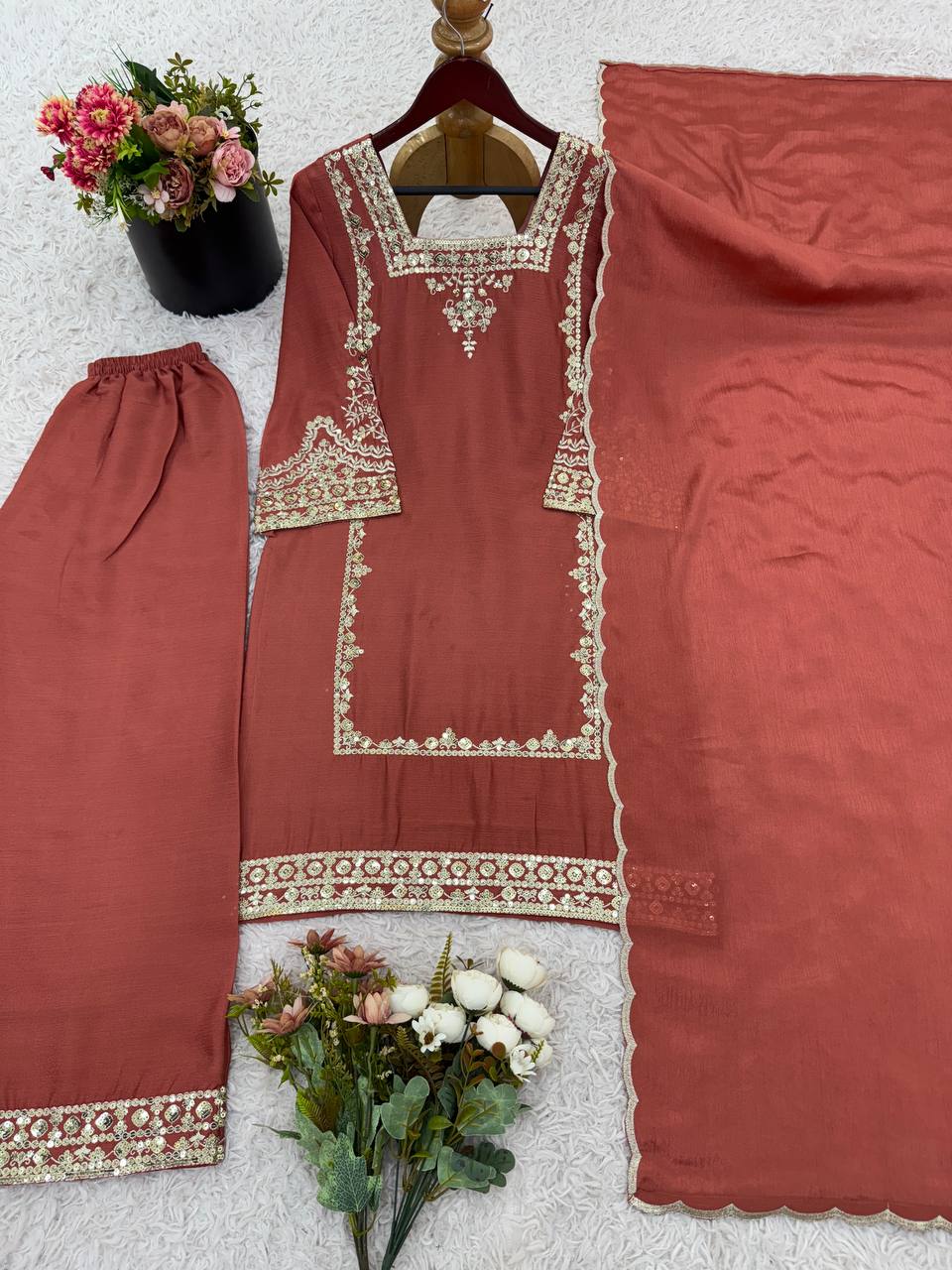 Trendy Brown Chiffon With Embroidery Work Palazzo Suit