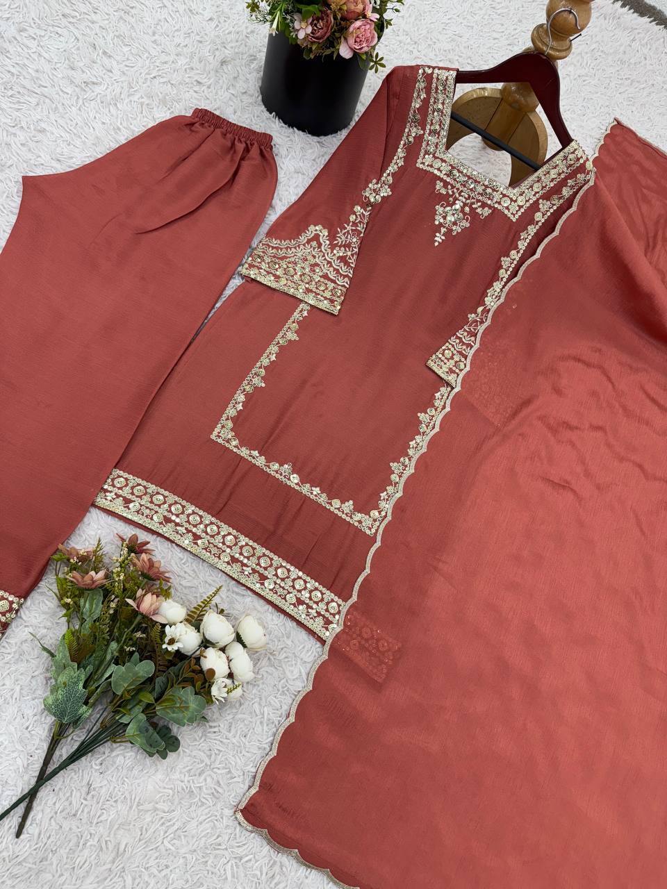 Trendy Brown Chiffon With Embroidery Work Palazzo Suit