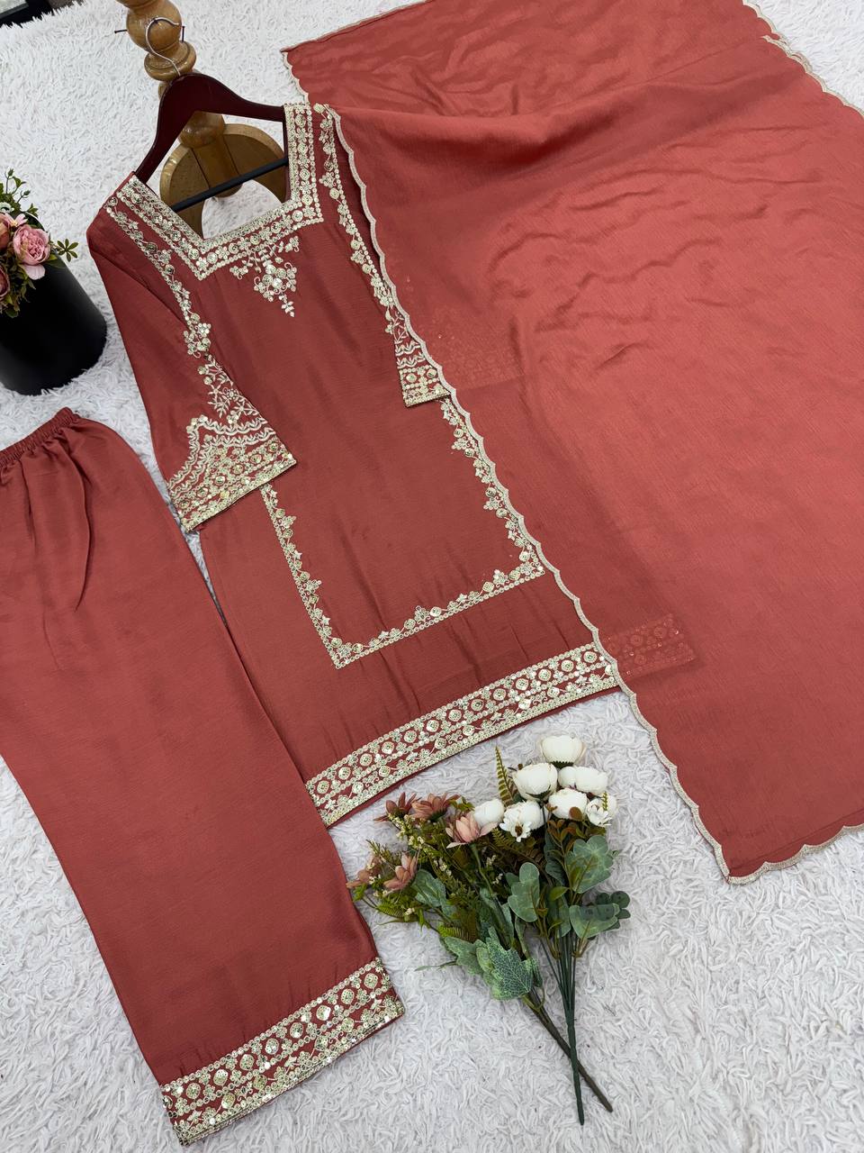 Trendy Brown Chiffon With Embroidery Work Palazzo Suit