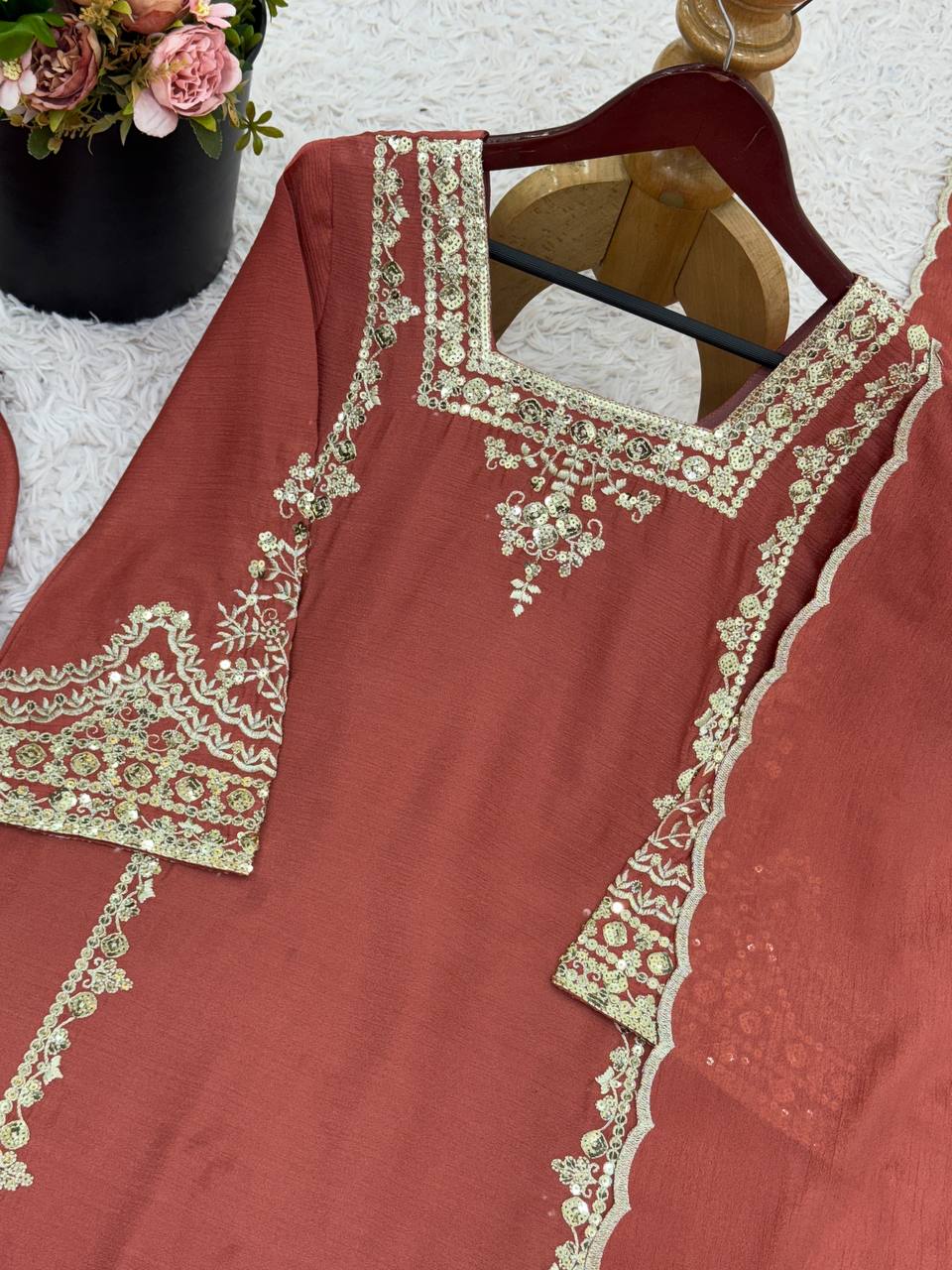 Trendy Brown Chiffon With Embroidery Work Palazzo Suit