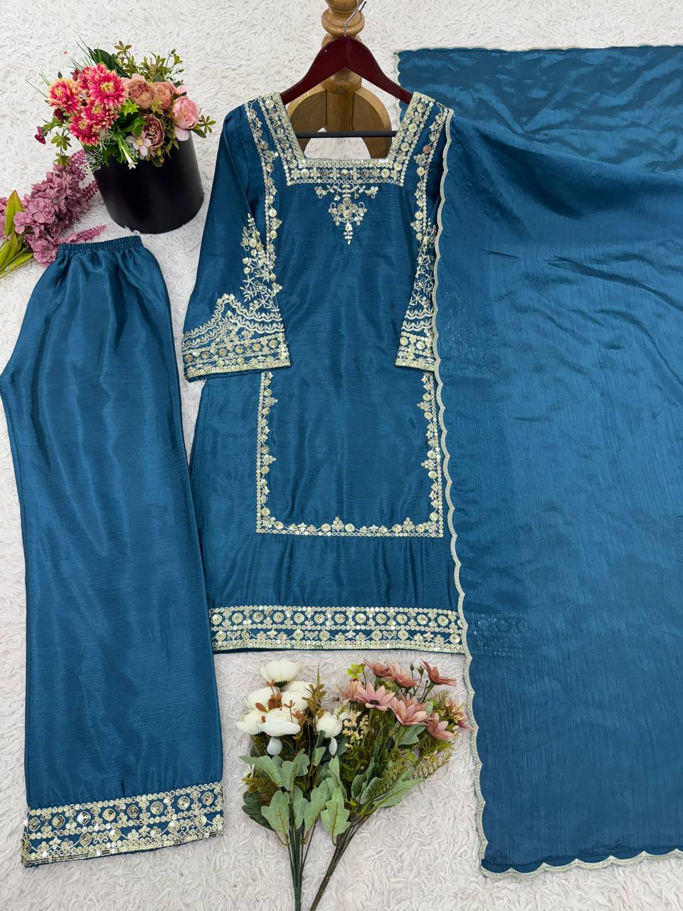 Trendy Brown Chiffon With Embroidery Work Palazzo Suit