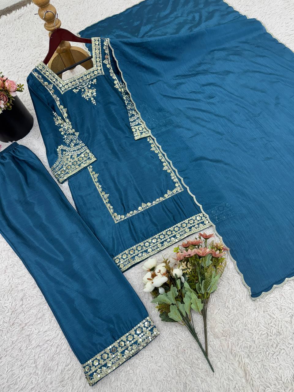 Trendy Brown Chiffon With Embroidery Work Palazzo Suit